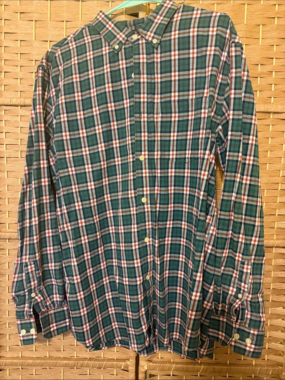 Denim & Flower Green Plaid Button-Down Shirt with Red & White Accents
